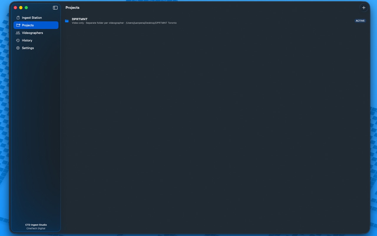 CTD Ingest Studio projects screen with per-event projects and reusable templates for media offload on Mac