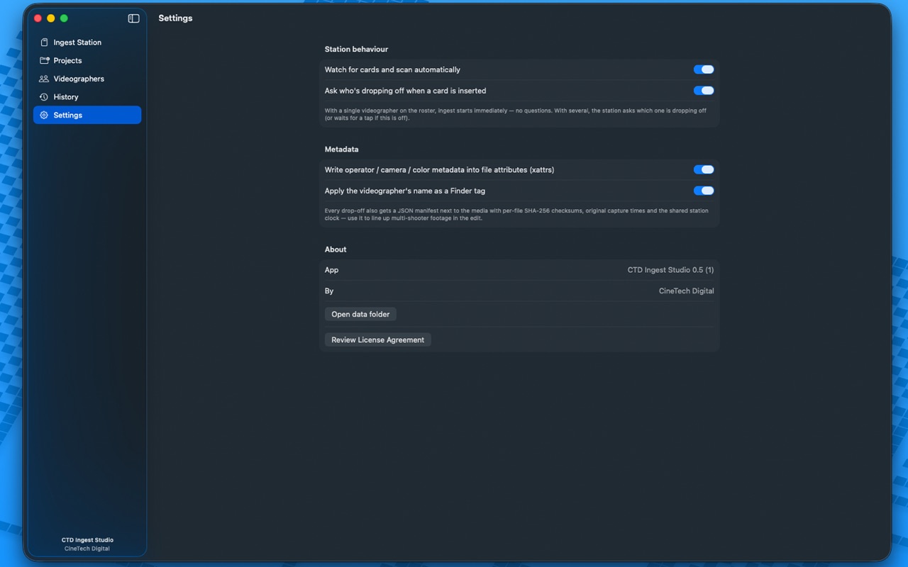 CTD Ingest Studio settings for automatic card detection, Finder tags, and metadata written to every copied file
