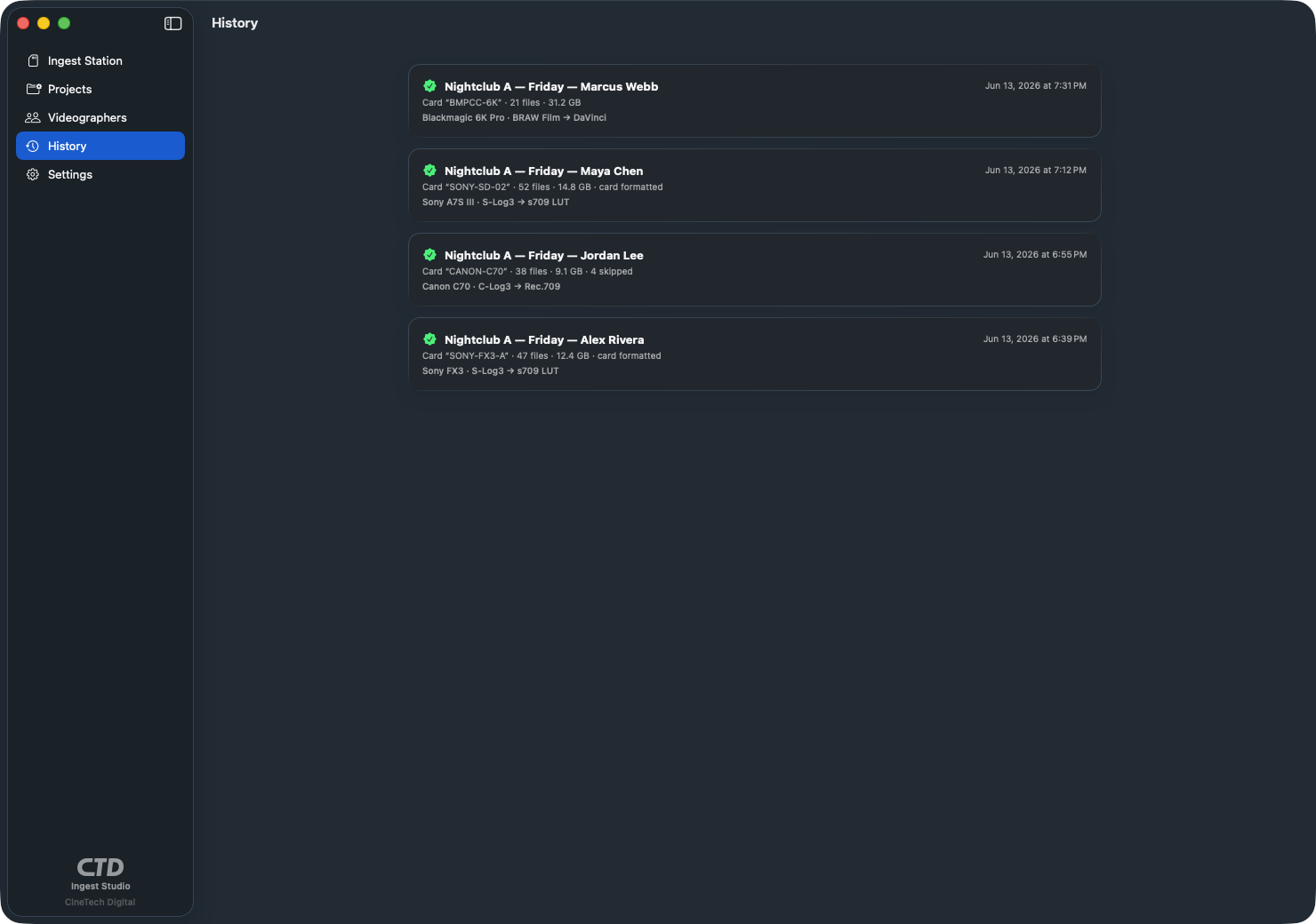 CTD Ingest Studio history on macOS — every checksum-verified drop-off logged by shooter, file count, and the verification result