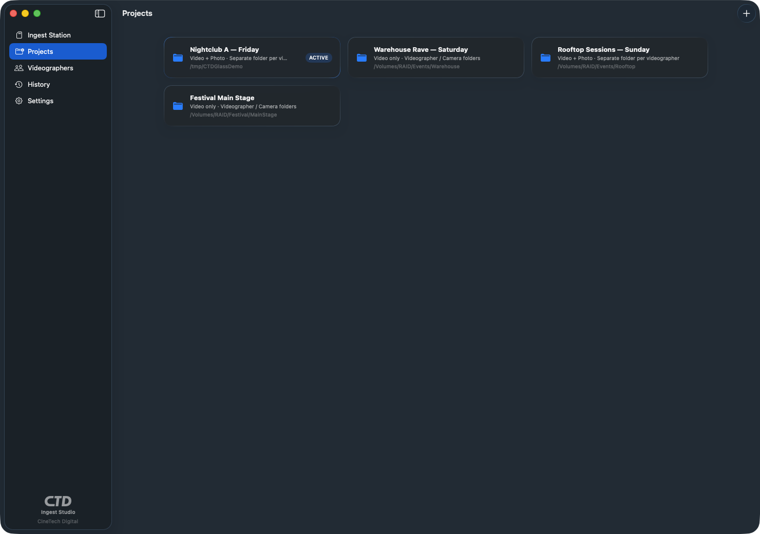 CTD Ingest Studio projects screen with per-event projects and reusable templates for media offload on Mac