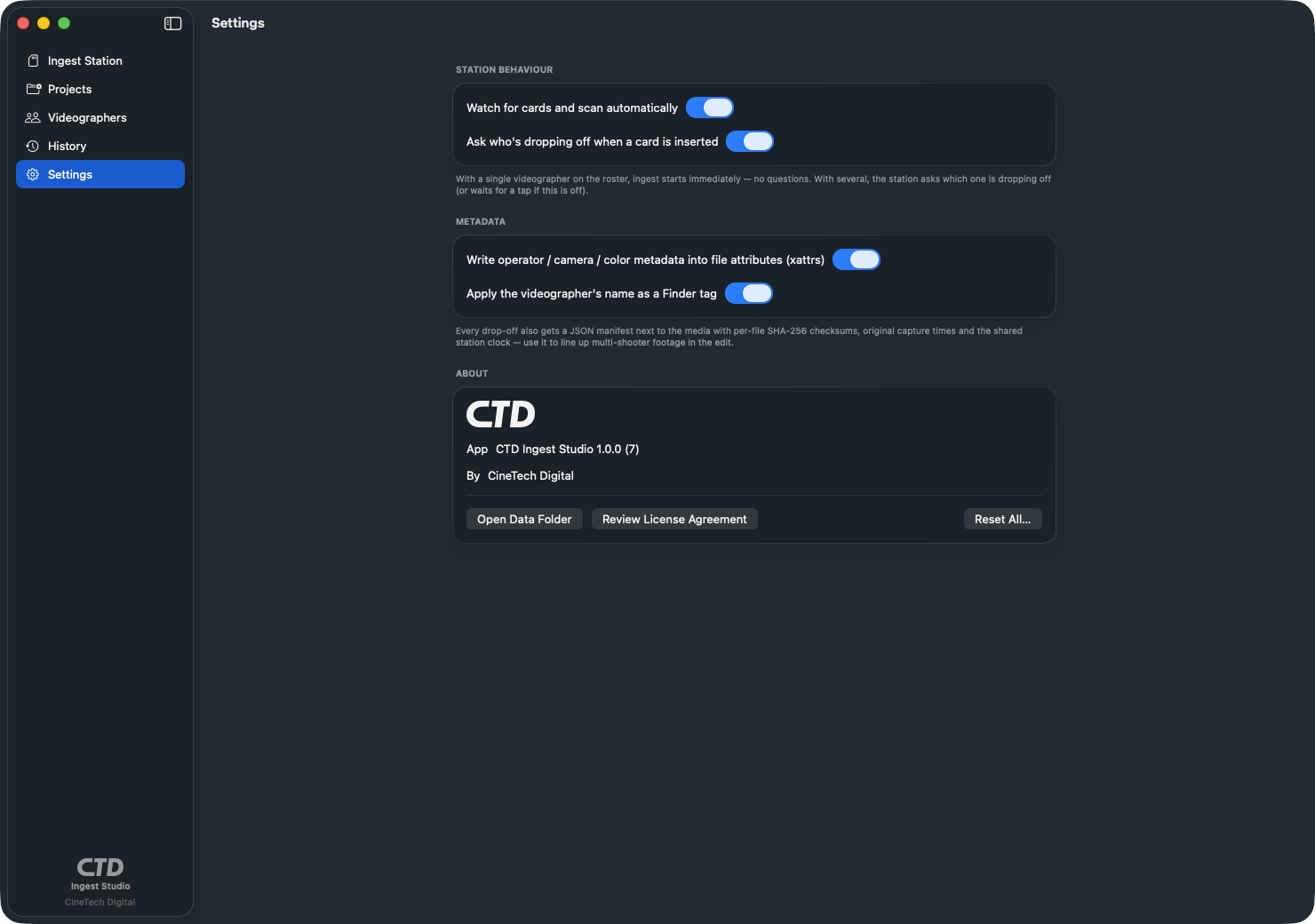 CTD Ingest Studio settings for automatic card detection, Finder tags, and metadata written to every copied file