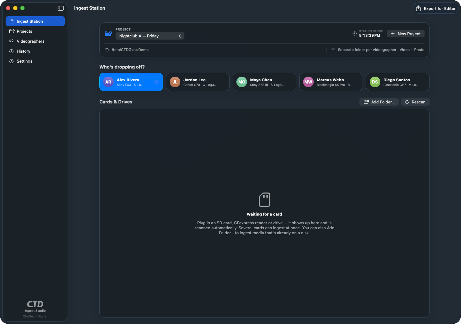 CTD Ingest Studio ingest station on macOS asking “Who’s dropping off?” with videographer tap targets and a detected card ready for checksum-verified offload