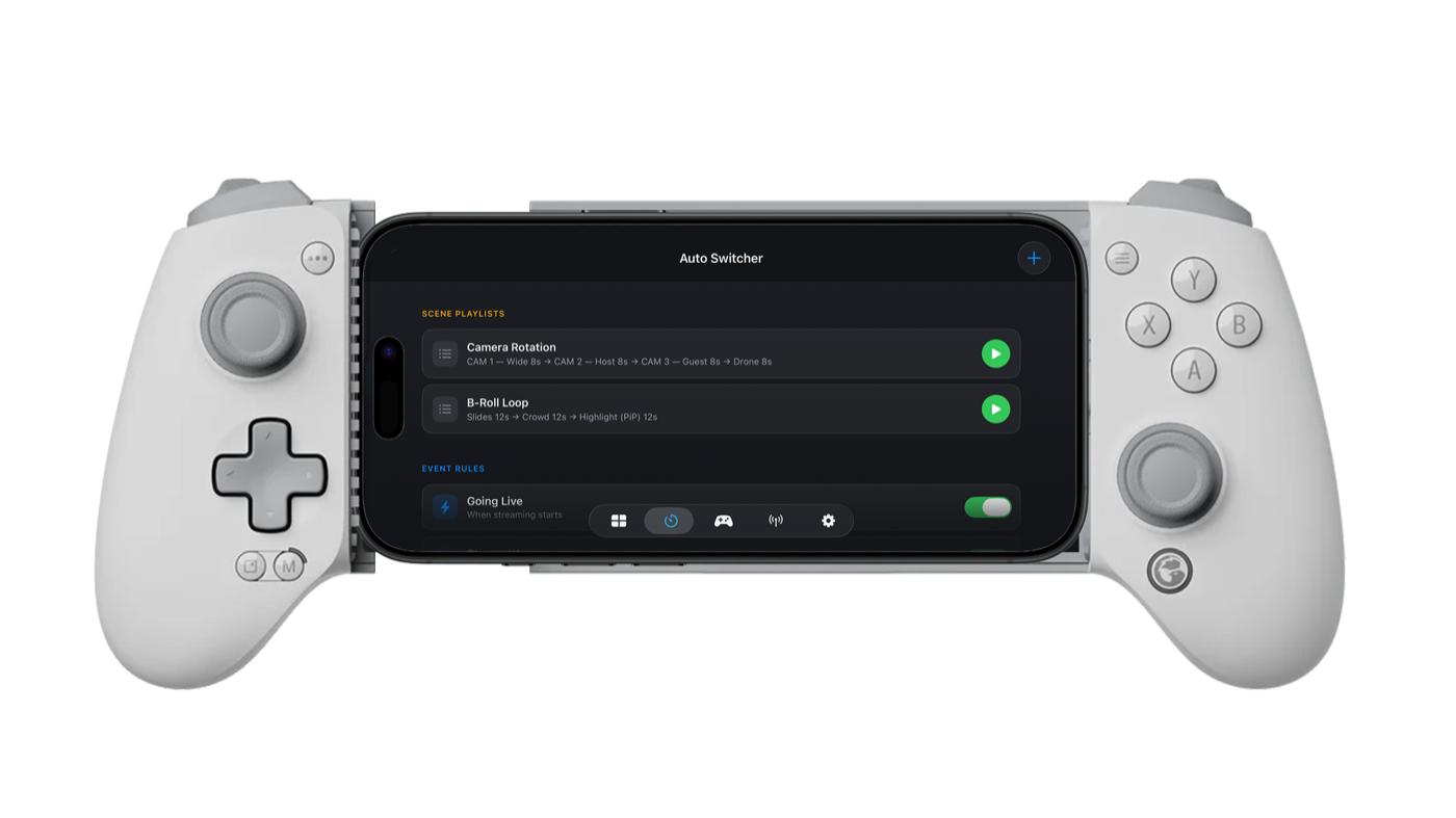 CTD Live Mobile's Auto Switcher on an iPhone in a GameSir G8 Galileo — scene playlists (Camera Rotation, B-Roll Loop) and an event rule that fires when streaming starts