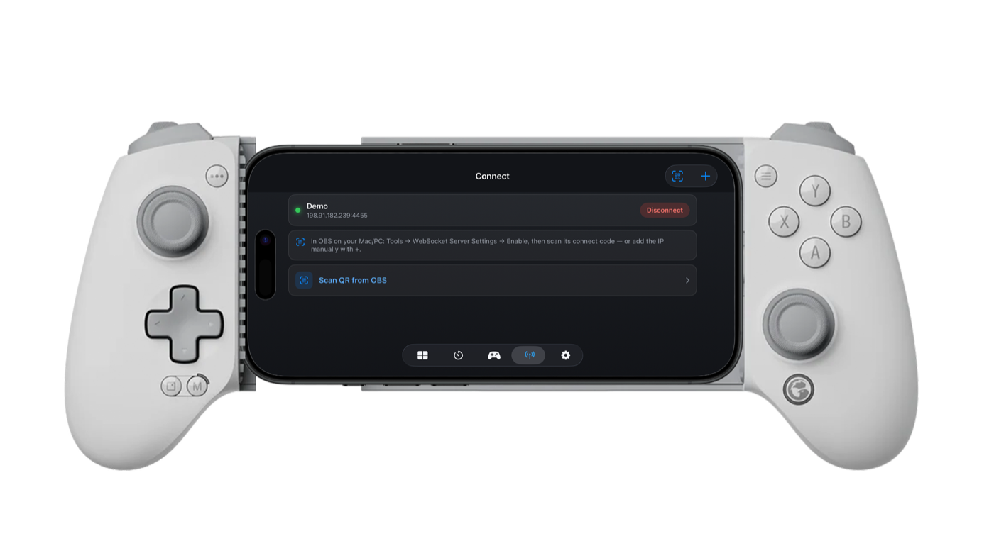 CTD Live Mobile's Connect screen on an iPhone in a GameSir G8 Galileo, paired to an OBS WebSocket server with a Scan QR from OBS option