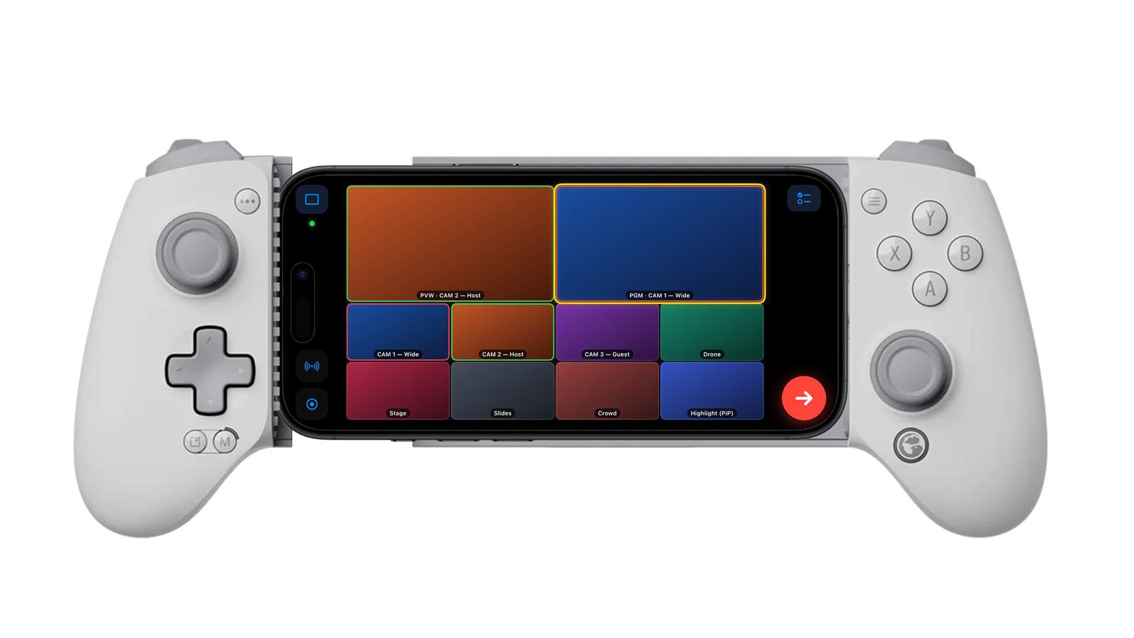 GameSir G8 Galileo controller gripping an iPhone running CTD Live Mobile — the PVW/PGM multiview deck with CAM 1–3, Drone, Stage, Slides, Crowd, and Highlight (PiP) scenes