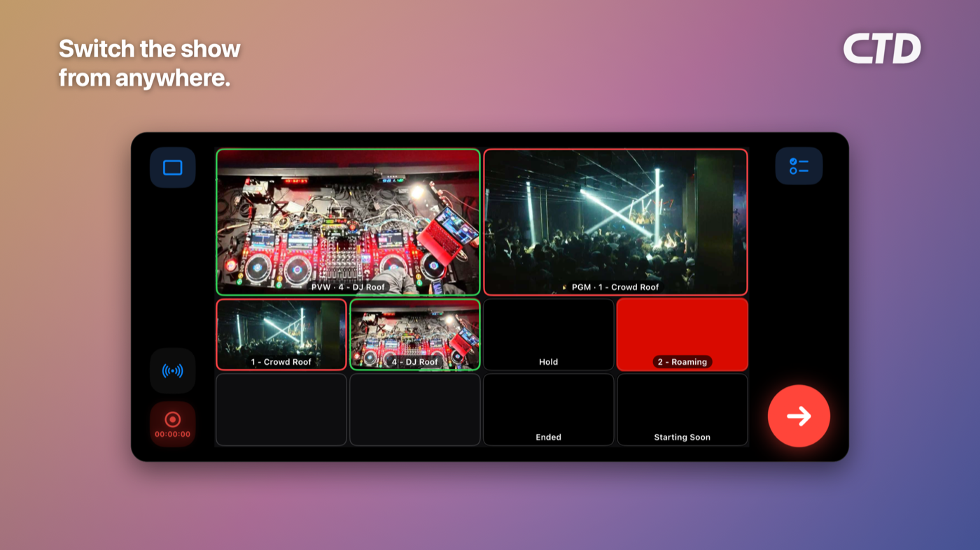 CTD Live Mobile broadcast controls on iPhone — start and stop OBS streaming and recording with an on-air tally