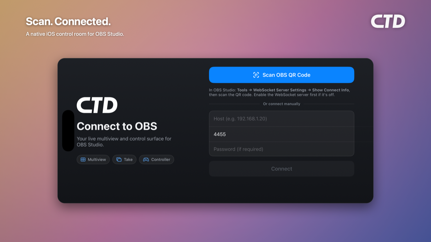 CTD Live Mobile QR-code pairing to connect to OBS over obs-websocket on the local network