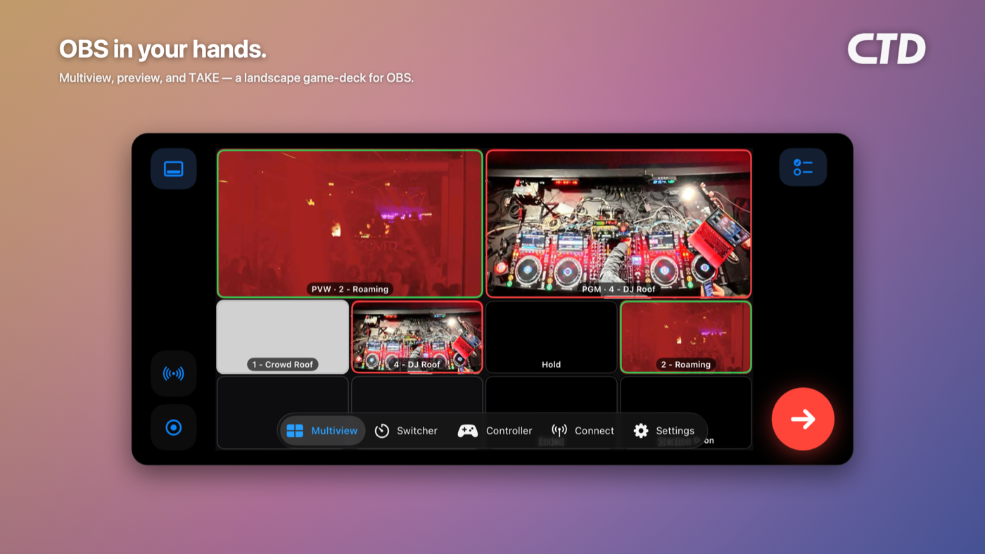 CTD Live Mobile OBS remote control deck on iPhone — switch OBS scenes from your phone