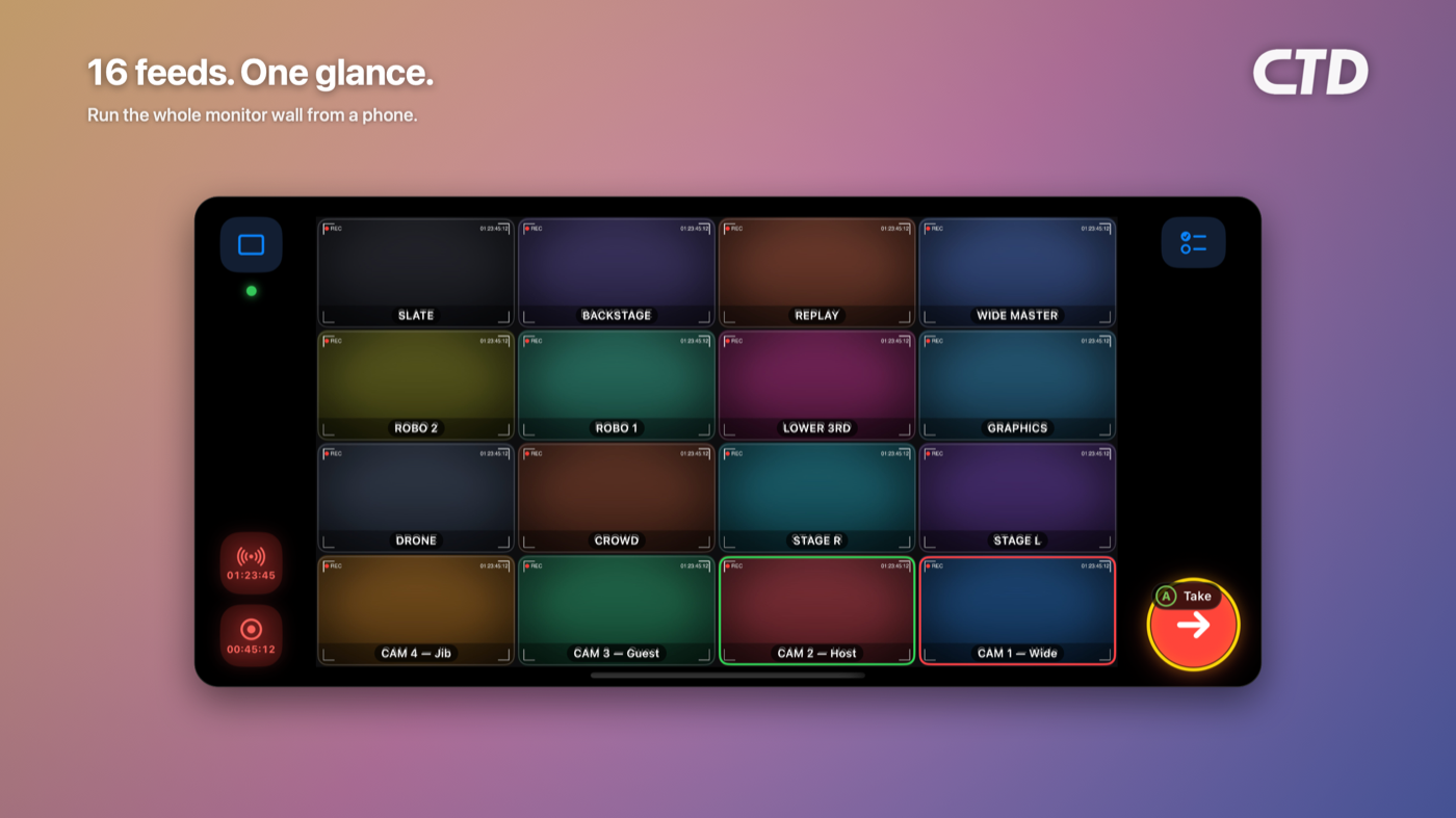 CTD Live Mobile OBS multiview monitor wall — live scene feeds at a glance