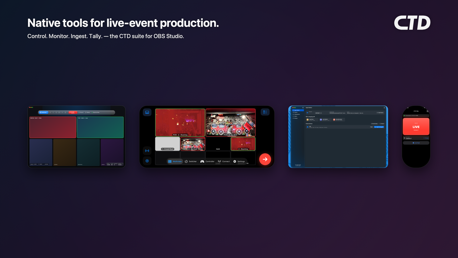 The CTD software suite — Ingest Studio, Live Studio, Live Mobile, and Tally — native tools for live-event production