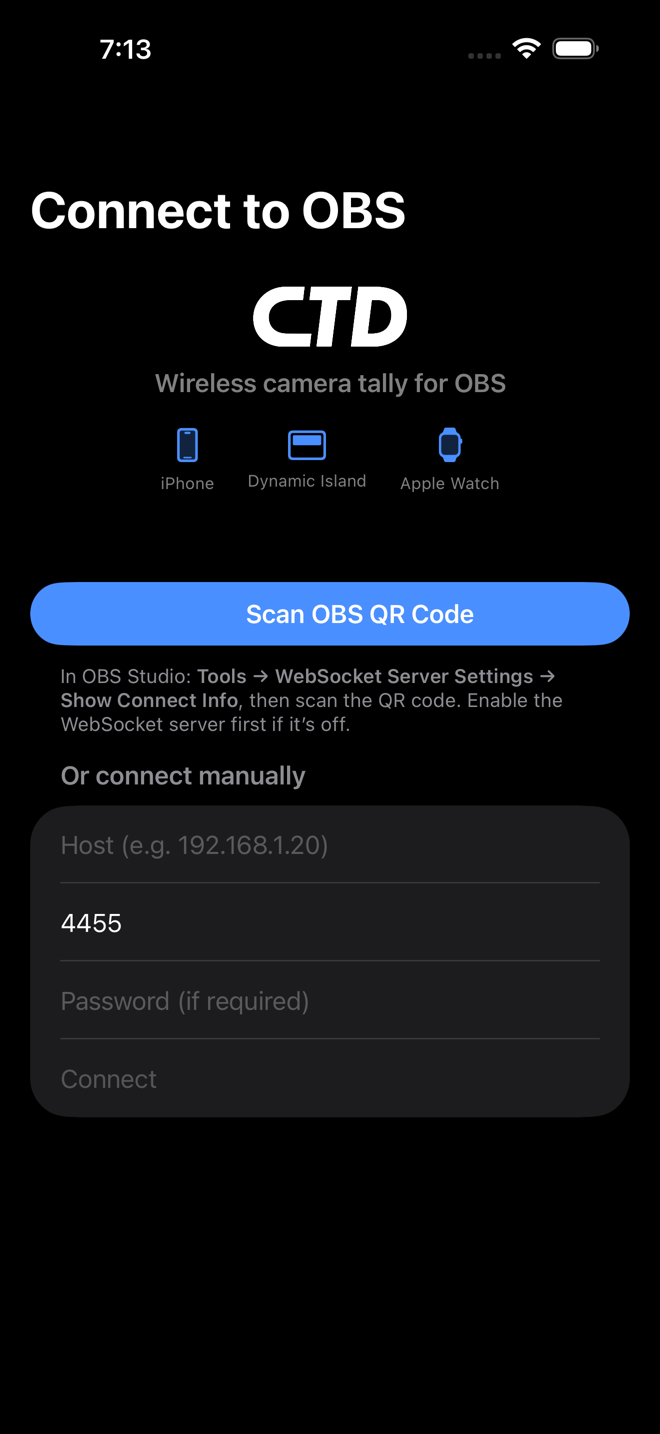 CTD Tally connect screen scanning the OBS WebSocket QR code to pair with OBS over the local network