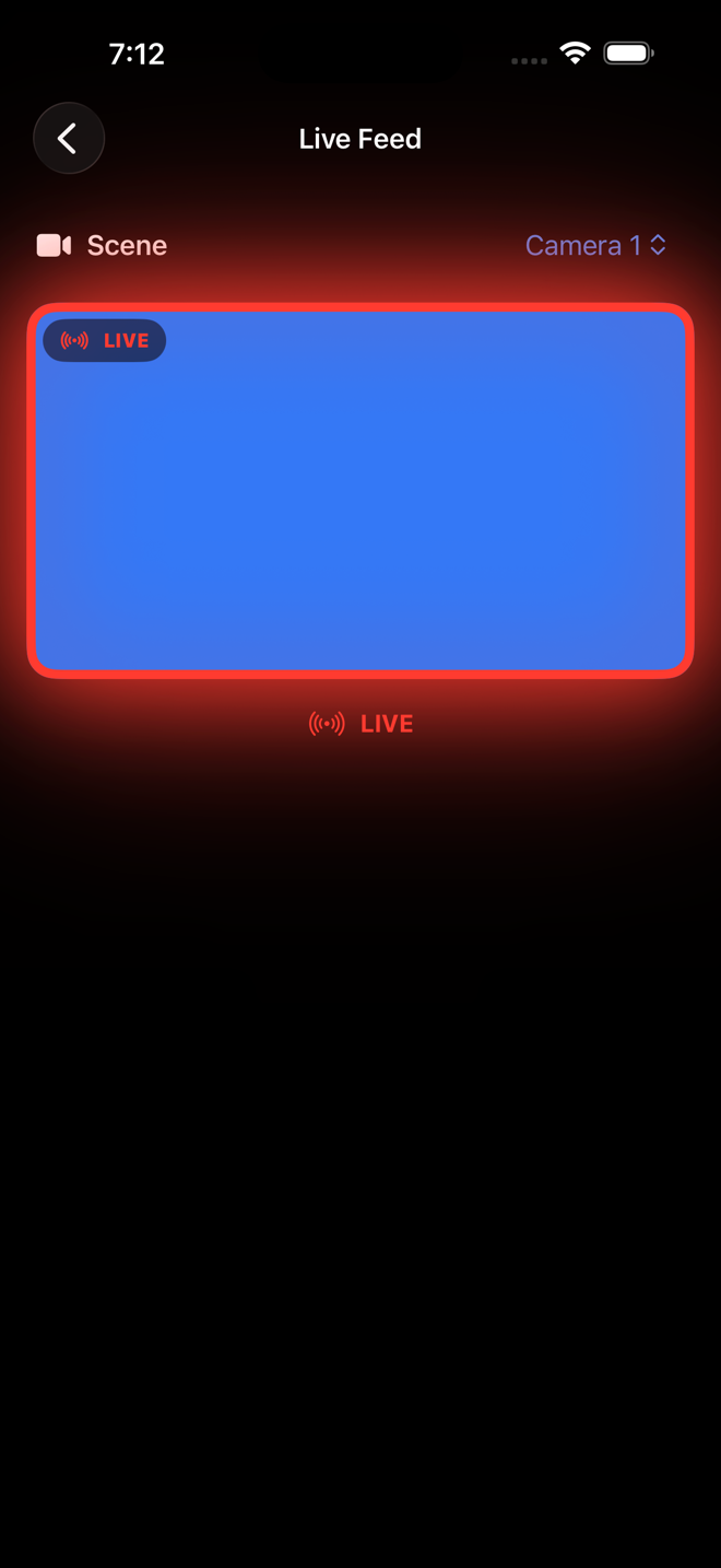 CTD Tally Live Feed OBS confidence monitor on iPhone showing a scene preview framed by a tally halo