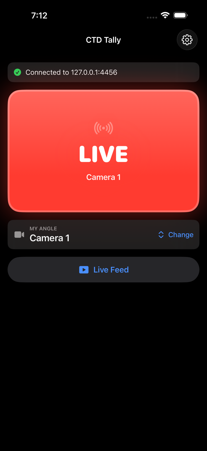 iPhone OBS tally light app showing red LIVE on air, mirrored in the Dynamic Island Live Activity