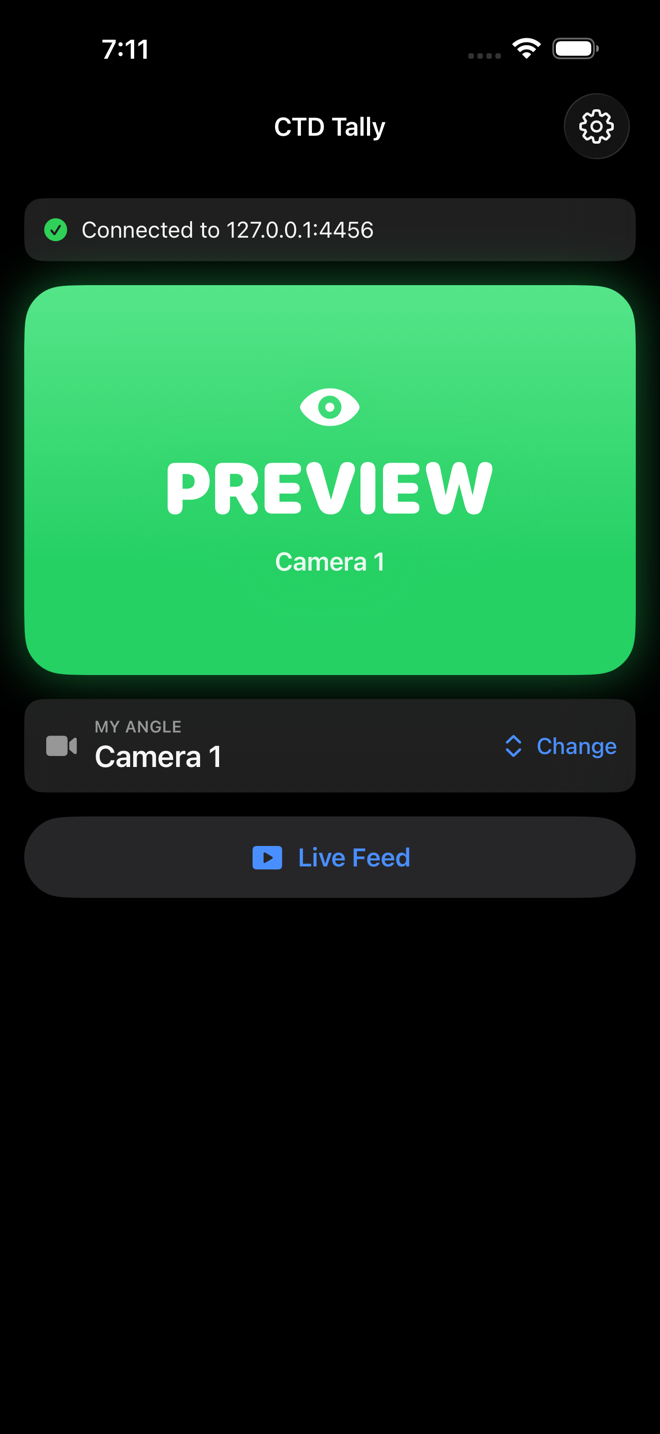 CTD Tally OBS tally light app on iPhone showing a full-screen green PREVIEW state with the scene name