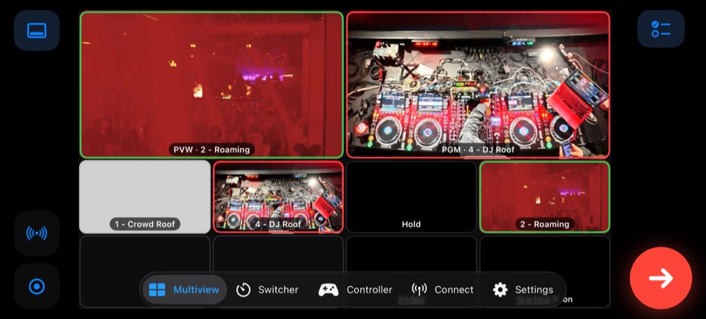 CTD Live Mobile's landscape multiview deck with live club camera feeds