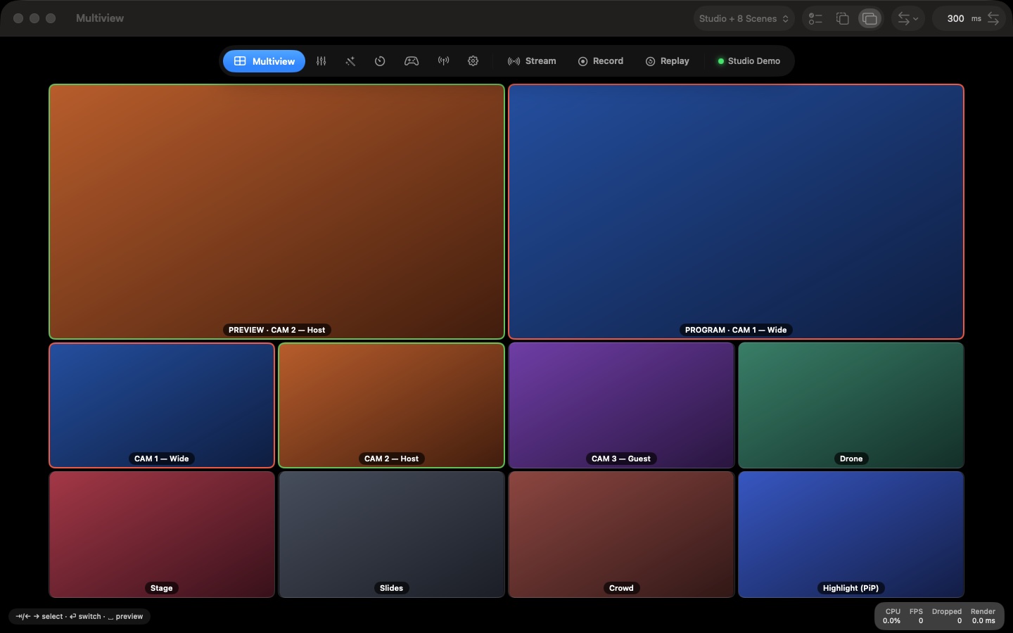 CTD Live Studio's OBS multiview on a Mac display: program, preview and eight scenes